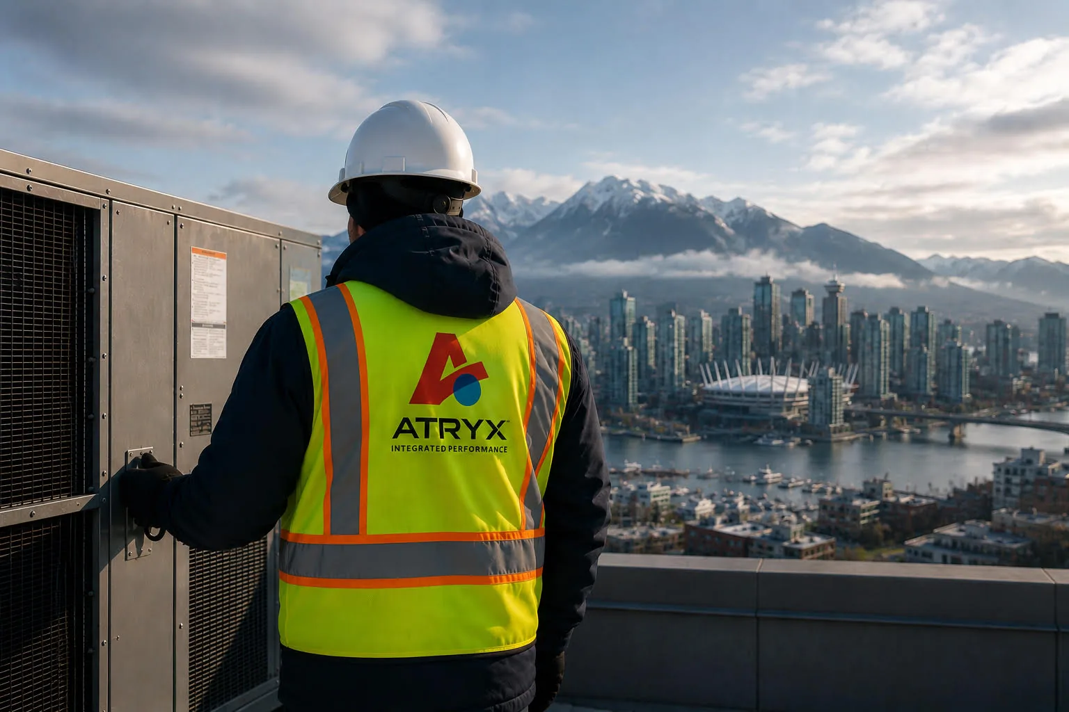 ATRYX technician on a Toronto rooftop with the CN Tower in the background